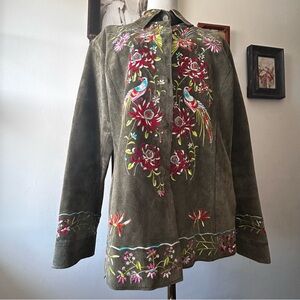 Avanti Vintage Embroidered Bird of Paradise Suede Leather Boho Green Jacket L